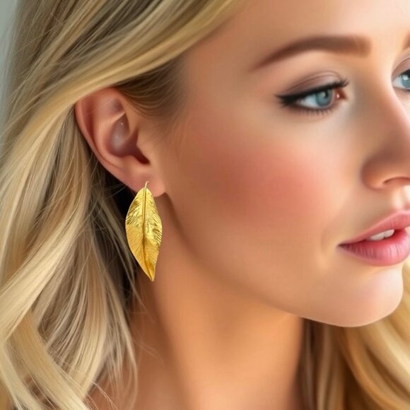 NEW Gold Leaf Statement Hook Earrings 14K Gold Plated Fairy Whimsigoth Boho - Picture 9 of 9
